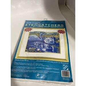 Needle Treasure Cross Stitch Kit Swans Lily Pond 05107 Blue White  Large Count